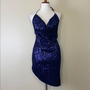 BLITHE Blue Halter Sequins Mini Assymetric Dress